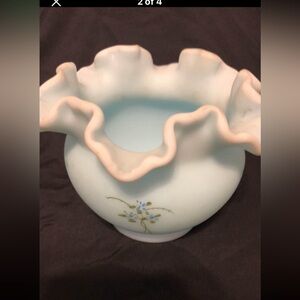 Fenton Blue Scalloped Edge Vase, vintage, hand painted by K. Boley